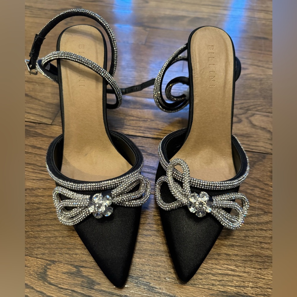 Brand new Billini Black Satin Pointed Toe Heels with Crystal Bow Embellishment
